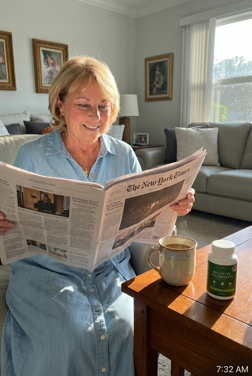 Lory reading the paper with morning coffee and Zafira